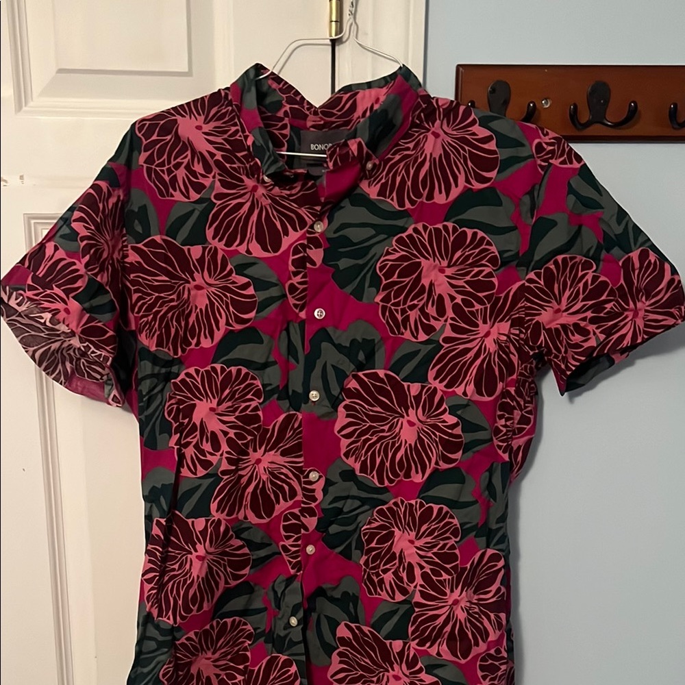 Bonobos Men's Floral Shirt - Pink and Green Size XL